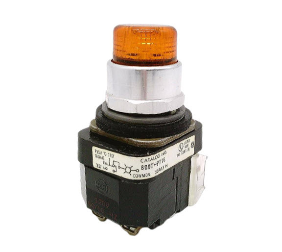 ALLEN BRADLEY 800T-PT16A  30.5MM TYPE 4/13 PILOT LIGHT, XFMR, PUSH-TO-TEST, AMBER, INCAND., 120V AC 50/60 HZ, 1 NO-1 NC
