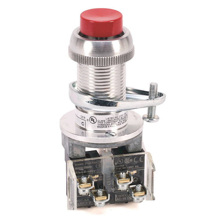 ALLEN BRADLEY 800H-BP6D2 HAZARDOUS LOCATION TYPE 7 9 MOMENTARY CONTACT PB, NON-ILLUMINATED., STANDARD BARREL LENGTH, EXTENDED HEAD, RED, 1 NC