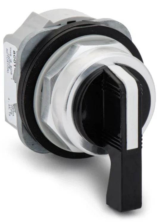 ALLEN BRADLEY 800T-J18 30.5MM TYPE 4/13 3 POS. SEL. SWITCH-NON-ILLUM., WHITE, KNOB LEVER SPRING RTN FR/ LEFT