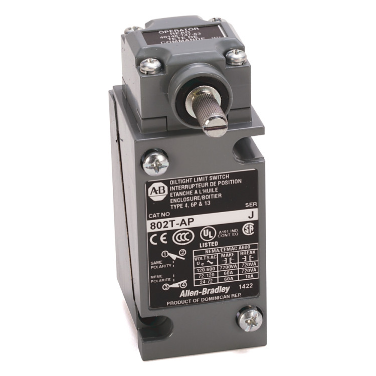ALLEN BRADLEY 802T-AP1  LIMIT SWITCHES, LEVER TYPE, SPRING RETURN, PLUG-IN STYLE, OILTIGHT, SWITCH W/O LEVER/ BASE, CLOCK-/COUNTERCLOCKWISE, 13DEG TRAVEL TO OPERATE, 7DEG TRAVEL TO RESET, 0.29 NM TORQUE TO OPERATE