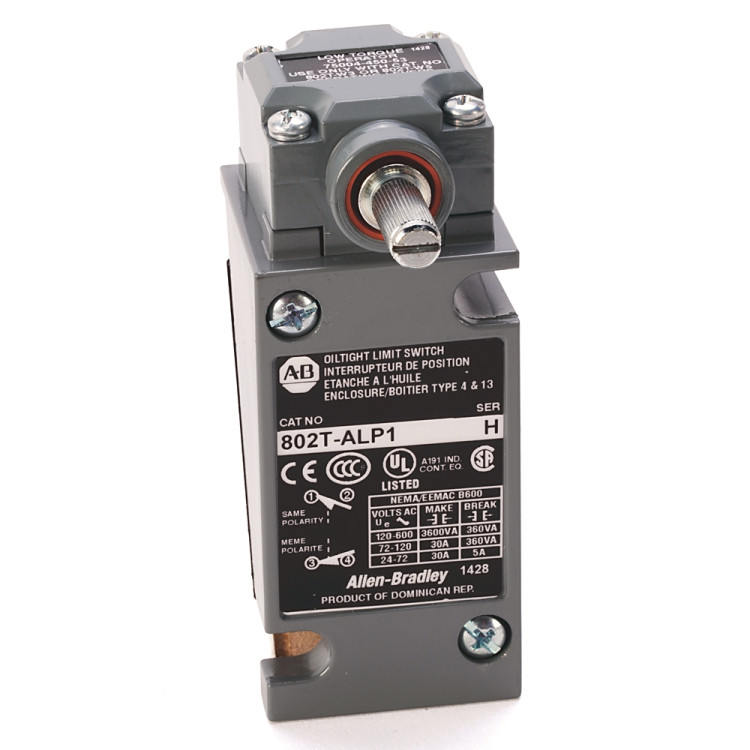 ALLEN BRADLEY 802T-KP  LIMIT SWITCHES, PUSH TYPE, SPRING RETURN, PLUG-IN STYLE OILTIGHT SWITCHES, 2-CIRCUIT, COMPLETE SWITCH, SIDE PUSH VERTICAL ROLLER, 3.3 MM TRAVEL TO OPERATE, 1.3 MM TRAVEL TO RESET, 16.4 N TORQUE TO OPERATE
