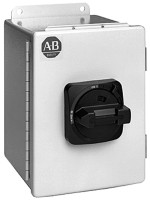 ALLEN BRADLEY 194E-FA32 LOAD SWITCH WITH 194R HANDLE (WITH DEFEATER SUITABLE FOR 3 PADLOCKS), IN PAINTED STEEL ENCLOSURE, IP66, 32 A, HANDLE GREY/BLACK, 3 POLE