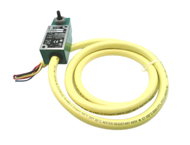 ALLEN BRADLEY 802M-NPY12 LIMIT SWITCH, PRE-WIRED FACTORY SEALED, COMPLETE SWITCH, LEVER TYPE, SPRING RETURN, NEUTRAL POSITION, 4-CIRCUIT, CW AND CCW DIRECTIONS, EXTENDED CABLE