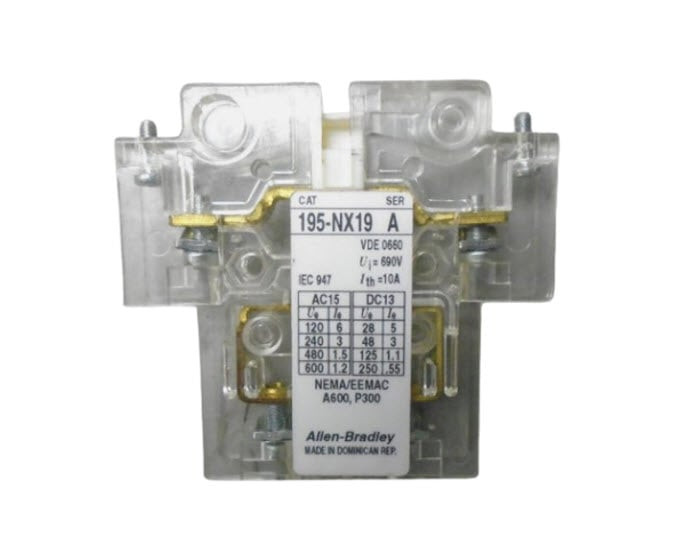 ALLEN BRADLEY 195-NX19 AUXILIARY CONTACT 690V 10AMP ALLEN BRADLEY 195-NX19 AUXILIARY CONTACT 690V 10AMP
