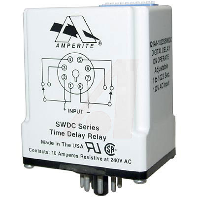 AMPERITE 12D1-1023SSWDC TIME DELAY RELAY, DPDT, 1023SEC, 12VDC; CONTACT CONFIGURATION:DPDT; NOM INPUT VOLTAGE:12V DC; DELAY TIME RANGE:1S TO 1023S; TIMING ADJUSTMENT:DIP SWIT AMPERITE 12D1-1023SSWDC TIME DELAY RELAY, DPDT, 1023SEC, 12VDC; CONTACT CONFIGURATION:DPDT; NOM INPUT VOLTAGE:12V DC; DELAY TIME RANGE:1S TO 1023S; TIMING ADJUSTMENT:DIP SWIT