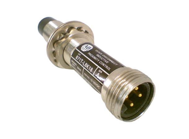 ALLEN BRADLEY 871T-L8K18 INDUCTIVE PROXIMITY SENSORS, ST ST BARREL CYLINDRICAL, DC, 3-WIRE, 18 MM DIA, UNSHIELDED, LENGTH 96.9 MM, SENSING RANGE 8 MM, PNP, NO, 3 PIN MINI QD ALLEN BRADLEY 871T-L8K18 INDUCTIVE PROXIMITY SENSORS, ST ST BARREL CYLINDRICAL, DC, 3-WIRE, 18 MM DIA, UNSHIELDED, LENGTH 96.9 MM, SENSING RANGE 8 MM, PNP, NO, 3 PIN MINI QD