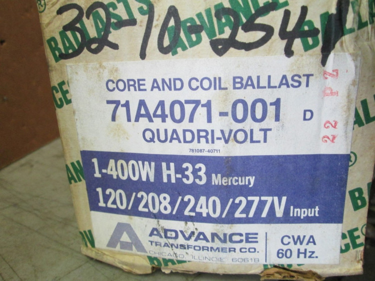 ADVANCE BALLAST 71A4071-001 BALLAST MERCURY VAPOR 400WATT QUAD TAP