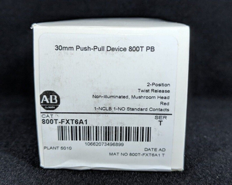 ALLEN BRADLEY 800T-FXT6A1 30.5MM TYPE 4/13 2 POS. PB-NON-ILLUM., PUSH-PULL / TWIST TO RELEASE, RED, 1 NCLB-1 NO ALLEN BRADLEY 800T-FXT6A1 30.5MM TYPE 4/13 2 POS. PB-NON-ILLUM., PUSH-PULL / TWIST TO RELEASE, RED, 1 NCLB-1 NO