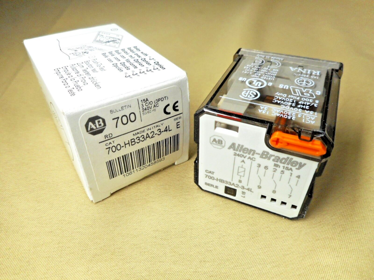 ALLEN BRADLEY 700-HB33A2-3-4L GENERAL PURPOSE RELAY, 15A CONTACT, 3-POLE DOUBLE THROW, 240V 50/60HZ, PUSH-TO-TEST & MANUAL OVERRIDE FUNCTION, PILOT LIGHT, SINGLE PACK ALLEN BRADLEY 700-HB33A2-3-4L GENERAL PURPOSE RELAY, 15A CONTACT, 3-POLE DOUBLE THROW, 240V 50/60HZ, PUSH-TO-TEST & MANUAL OVERRIDE FUNCTION, PILOT LIGHT, SINGLE PACK