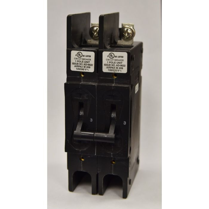 AIRPAX 209-2-1-62-4-8-10 THERMAL MAGNETIC CIRCUIT BREAKER; SERIES:209; VOLTAGE RATINGVAC:240V; CURRENT RATING:10A; NO. OF POLES:2; TRIP TIME MIN:2SEC; TRIP TIME MAX:18SEC; CUR
