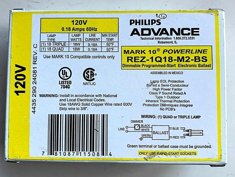 ADVANCE BALLAST REB118M6BLS35M ELE BALLAST (1) 18W CFL (4-PIN) 120V