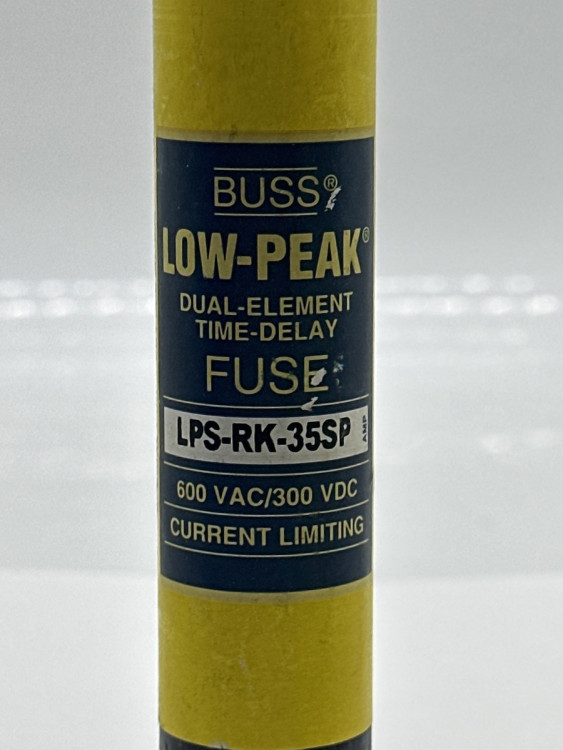 BUSSMANN LPS-RK-35SP FUSE, 35A, 600V, TIME DELAY; VOLTAGE RATING VDC:300V; VOLTAGE RATING VAC:600V; FUSE CURRENT:35A; BLOW CHARACTERISTIC:TIME DELAY; FUSE SIZE IMPERIAL:1. BUSSMANN LPS-RK-35SP FUSE, 35A, 600V, TIME DELAY; VOLTAGE RATING VDC:300V; VOLTAGE RATING VAC:600V; FUSE CURRENT:35A; BLOW CHARACTERISTIC:TIME DELAY; FUSE SIZE IMPERIAL:1.