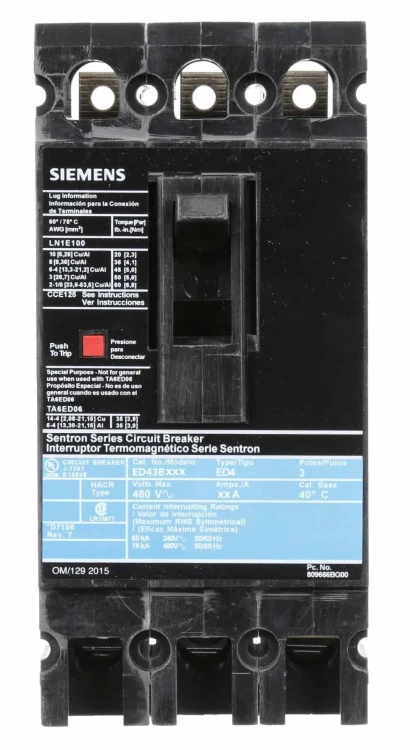 SIEMENS ED4-3B015  BREAKER ED 3P 15A 480VAC 18KA LD LUG