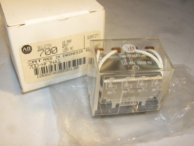 ALLEN BRADLEY 700-HF34A1 GENERAL PURPOSE MINIATURE RELAY, 10A CONTACT, 4-POLE DOUBLE THROW, 120V 50/60HZ, NO PILOT LIGHT LED ALLEN BRADLEY 700-HF34A1 GENERAL PURPOSE MINIATURE RELAY, 10A CONTACT, 4-POLE DOUBLE THROW, 120V 50/60HZ, NO PILOT LIGHT LED