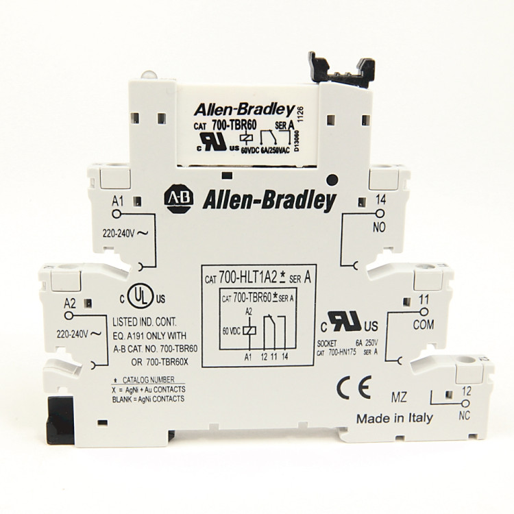 ALLEN BRADLEY 700-HLT1U12 700-HL Electromechanical Relay Output, SPDT (1 C/O), w/ Screw Terminals, 12V AC/DC, Touch Safe Terminal Construction