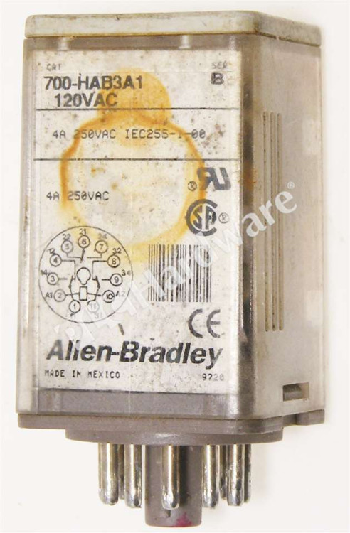 ALLEN BRADLEY 700-HAB3A1 700-HA GENERAL PURPOSE TUBE BASE RELAY, 4 AMP BIFUR. CONTACT, 3PDT, 120V 50/60HZ ALLEN BRADLEY 700-HAB3A1 700-HA GENERAL PURPOSE TUBE BASE RELAY, 4 AMP BIFUR. CONTACT, 3PDT, 120V 50/60HZ