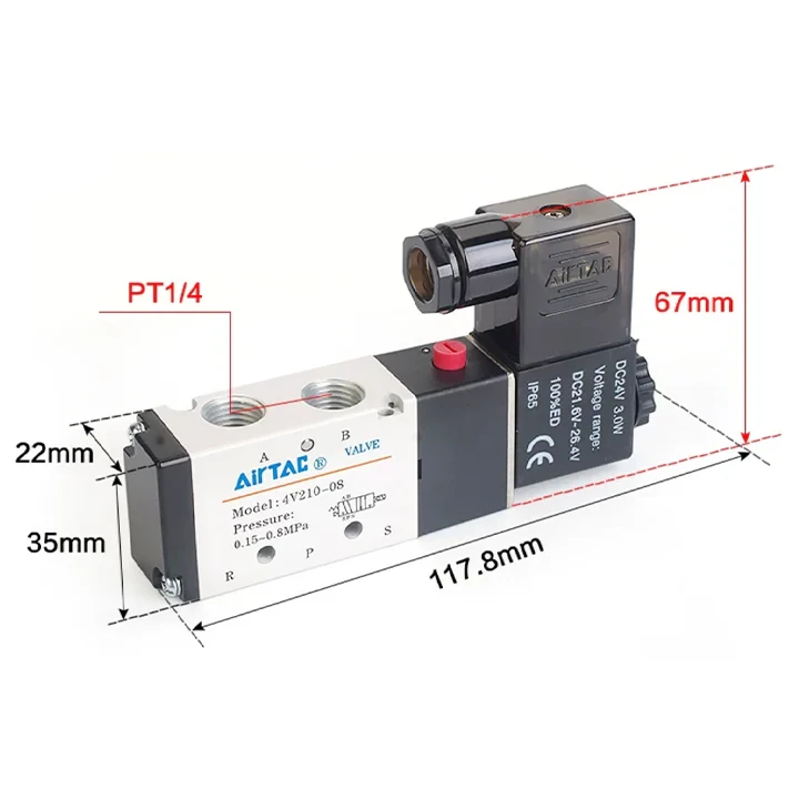 AIRTAC 4V210-08-B-T SOLENOID VALVE 1.5-8KGF/CM 24VDC NPT THREAD