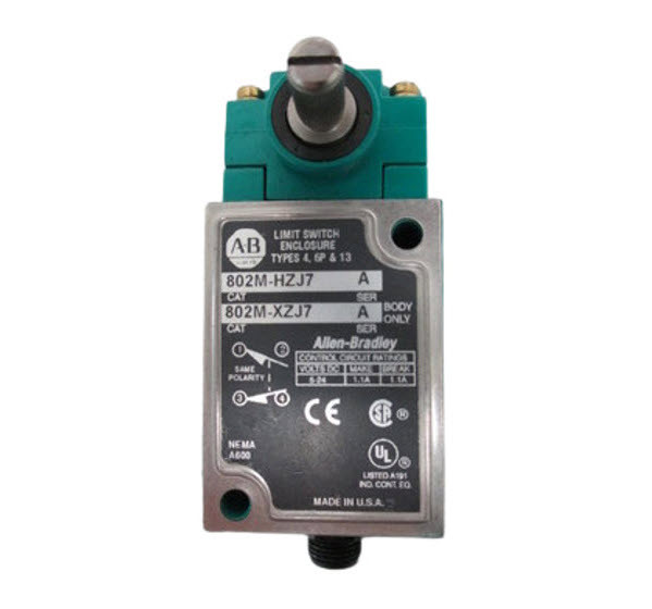 ALLEN BRADLEY 802M-XZJ7 LIMIT SWITCH, PRE-WIRED FACTORY SEALED, SWITCH BODY ONLY, SWITCH BODY FOR LEVER TYPE, SPRING RETURN, MAINTAINED CONTACT, PUSH TYPES, 2-CIRCUIT, 4-PIN ALLEN BRADLEY 802M-XZJ7 LIMIT SWITCH, PRE-WIRED FACTORY SEALED, SWITCH BODY ONLY, SWITCH BODY FOR LEVER TYPE, SPRING RETURN, MAINTAINED CONTACT, PUSH TYPES, 2-CIRCUIT, 4-PIN