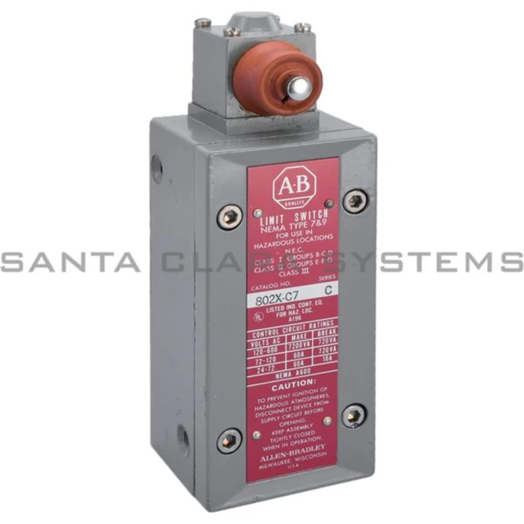 ALLEN BRADLEY 802X-C7 LIMIT SWITCHES, PUSH TYPE, SPRING RETURN, WATERTIGHT OR HAZARDOUS LOCATION SWITCHES, NEMA 7/ 9, SIDE PUSH ROD, 2 CIRCUIT, TRAVEL TO OPERATE 3.3 MM, TRAVEL TO RESET 1.5 MM, TORQUE TO OPERATE 20 N, NEMA 7/9 ALLEN BRADLEY 802X-C7 LIMIT SWITCHES, PUSH TYPE, SPRING RETURN, WATERTIGHT OR HAZARDOUS LOCATION SWITCHES, NEMA 7/ 9, SIDE PUSH ROD, 2 CIRCUIT, TRAVEL TO OPERATE 3.3 MM, TRAVEL TO RESET 1.5 MM, TORQUE TO OPERATE 20 N, NEMA 7/9