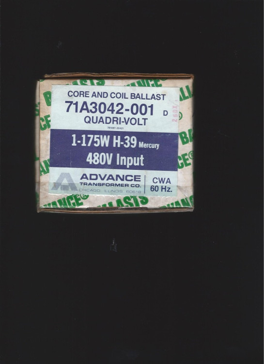 ADVANCE BALLAST 71A3042-001 BALLAST 175WATT 480V MERCURY VAPOR
