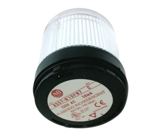 ALLEN BRADLEY 855T-B10FN7 MODULE FOR TOWER LIGHT 70MM, BLACK BODY, POWER SUPPLY 120V AC, FLASHING INCANDESCENT, CLEAR LENS