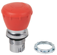 ALLEN BRADLEY 800FM-MT44MX11S PUSH BUTTON COMPLETE UNIT, METAL BODY, MUSHROOM TWIST-TO-RELEASE 40MM, RED CAP, METAL LATCH AND CONTACT BLOCKS WITH SCREW TERMINALS, 1 N.O., 1 N.C., N.C. SELF-MONITORING