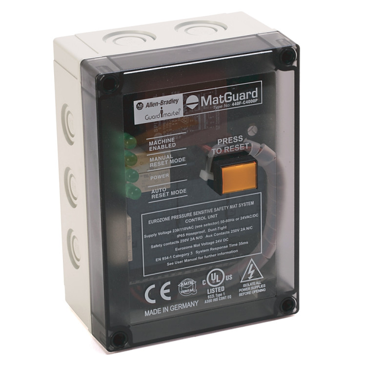 ALLEN BRADLEY 440F-C4000D MATGUARD CONTROL UNIT 24V AC DC 110V 230V AC INPUTS 4 WIRE MAT SAFETY OUTPUTS 2NO AUXILIARY OUTPUTS 1NC FIXED TERMINALS 152MM POLYCARBONATE HOUSING 35MM DIN RAIL MOUNTED