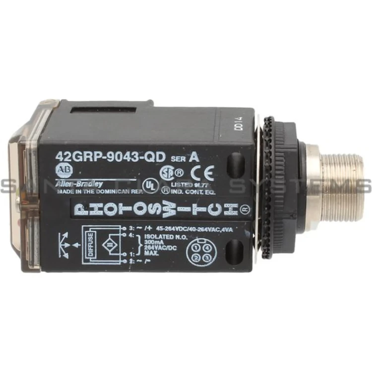 ALLEN BRADLEY 42GRP-9043-QD PHOTOSWITCH PHOTOELECTRIC SENSOR, STANDARD (ON / OFF), LONG RANGE DIFFUSE, 3.04M (10FT), 45-264V DC / 40-264V AC, SOLID STATE ISOLATED N.O., MINI QUIC