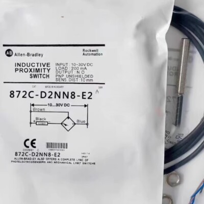 ALLEN BRADLEY 872C-D2NN8-E2 INDUCTIVE PROXIMITY SENSORS, WORLDPROX, STANDARD BARREL, DC, 3-WIRE, 8 MM DIA, SHIELDED, LENGTH 33.7 MM, SENSING RANGE 3 MM, 10 - 30 VDC, NPN, NO, CABLE 2 M
