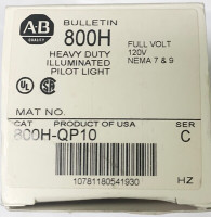 ALLEN BRADLEY 800H-QP10W HAZARDOUS LOCATION TYPE 7 9 PILOT LIGHT, STANDARD BARREL LENGTH, FULL VOLTAGE/RESISTOR, NO TEST OPTION, WHITE, INCAND., 120V AC/DC