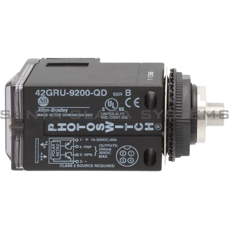 ALLEN BRADLEY 42GRU-9200-QD PHOTOSWITCH PHOTOELECTRIC SENSOR, STANDARD (ON / OFF), POLARIZED RETROFLECTIVE, 4.87M (16FT), 10-40V DC, NPN/PNP TRANSISTOR, 4-PIN DC MICRO (M12) QD ALLEN BRADLEY 42GRU-9200-QD PHOTOSWITCH PHOTOELECTRIC SENSOR, STANDARD (ON / OFF), POLARIZED RETROFLECTIVE, 4.87M (16FT), 10-40V DC, NPN/PNP TRANSISTOR, 4-PIN DC MICRO (M12) QD