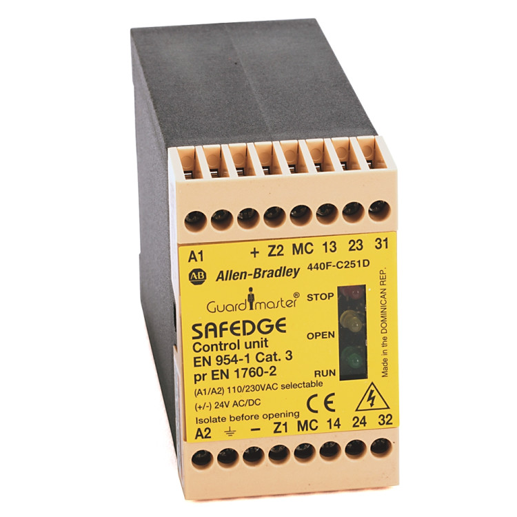 ALLEN BRADLEY 440F-C251D SAFEDGE CONTROL UNIT 24V AC DC 110V 230V ACSAFETY OUTPUTS 2NO AUXILIARY OUTPUTS 1NC FIXED TERMINALS 455MM POLYCARBONATE HOUSING 35MM DIN RAIL MOUNTED ALLEN BRADLEY 440F-C251D SAFEDGE CONTROL UNIT 24V AC DC 110V 230V ACSAFETY OUTPUTS 2NO AUXILIARY OUTPUTS 1NC FIXED TERMINALS 455MM POLYCARBONATE HOUSING 35MM DIN RAIL MOUNTED