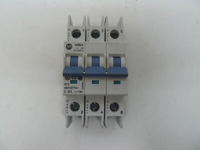 ALLEN BRADLEY 1489-A3D-250 INDUSTRIAL CIRCUIT BREAKER, 3-POLE, 240VAC, 25A, D TRIP CURVE (10.20 IP) ALLEN BRADLEY 1489-A3D-250 INDUSTRIAL CIRCUIT BREAKER, 3-POLE, 240VAC, 25A, D TRIP CURVE (10.20 IP)