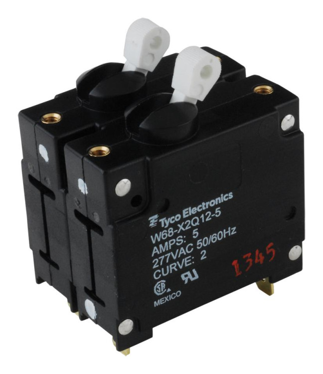 TYCO W68-X2Q12-5 CIRCUIT BREAKER, HYD-MAG, 2P, 277V, 5A; INPUT VOLTAGE VAC:277V; NO. OF POLES:2; CURRENT RATING:5A; INTERRUPTING CAPACITY:5KA; DIELECTRIC STRENGTH:1.5K TYCO W68-X2Q12-5 CIRCUIT BREAKER, HYD-MAG, 2P, 277V, 5A; INPUT VOLTAGE VAC:277V; NO. OF POLES:2; CURRENT RATING:5A; INTERRUPTING CAPACITY:5KA; DIELECTRIC STRENGTH:1.5K