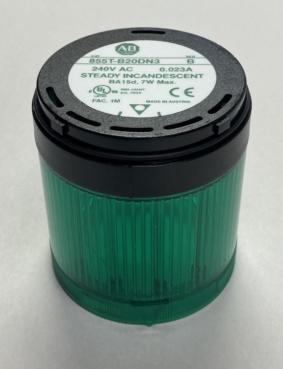 ALLEN BRADLEY 855T-B20DN3 MODULE FOR TOWER LIGHT 70MM, BLACK BODY, POWER SUPPLY 240V AC, STEADY INCANDESCENT, GREEN LENS