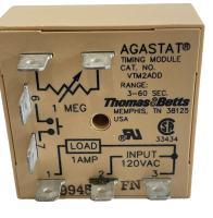 AGASTAT VTM2ADD TIME DELAY RELAY SPST-NO 60SEC 120VAC/DC; CONTACT CONFIGURATION:SPST-NO; NOM INPUT VOLTAGE:120V; DELAY TIME RANGE:3S TO 60S; TIMING ADJUSTMENT:RESISTO