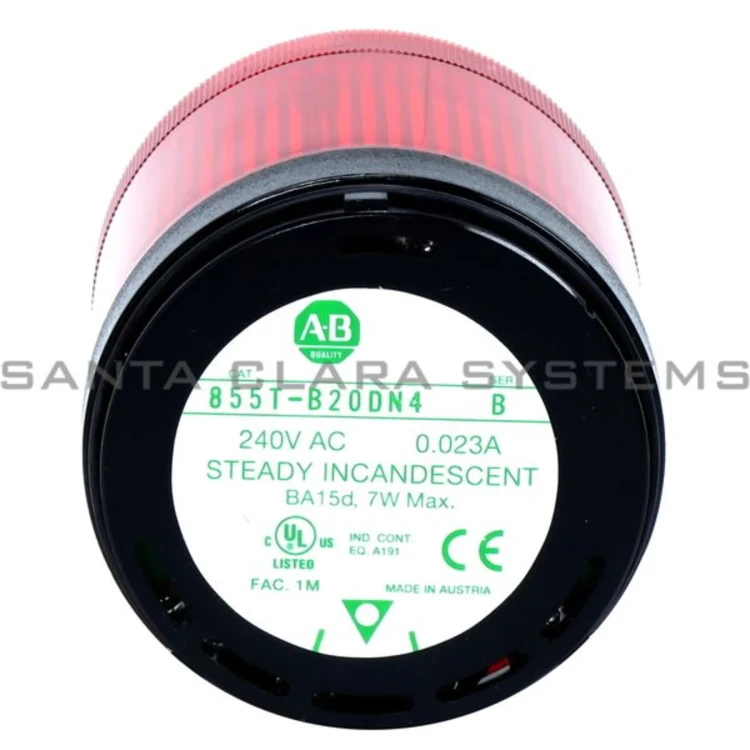 ALLEN BRADLEY 855T-B20DN4 MODULE FOR TOWER LIGHT 70MM, BLACK BODY, POWER SUPPLY 240V AC, STEADY INCANDESCENT, RED LENS ALLEN BRADLEY 855T-B20DN4 MODULE FOR TOWER LIGHT 70MM, BLACK BODY, POWER SUPPLY 240V AC, STEADY INCANDESCENT, RED LENS