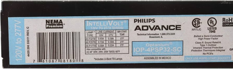 ADVANCE BALLAST IOP4P32SC35I (MIN ORD MAY BE REQ) ELE BALLAST (4) F32T8 120-277V