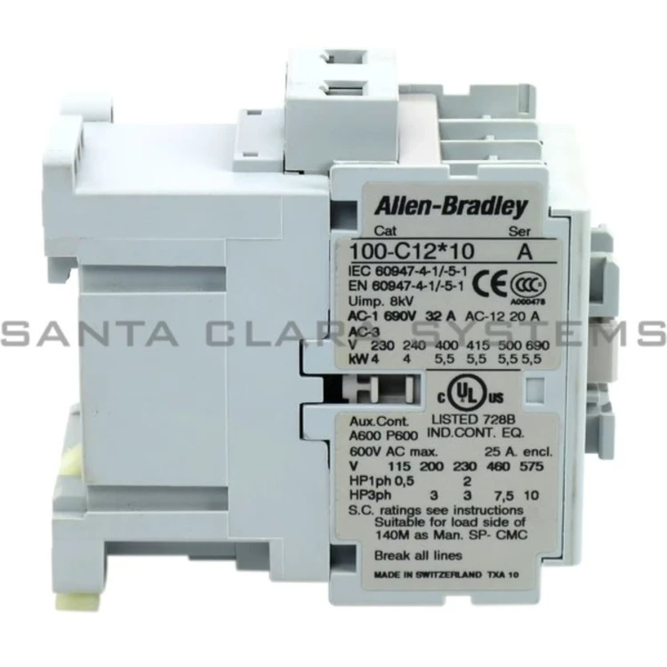 ALLEN BRADLEY 100-C12KD10 CONTACTOR, SCREW TERMINALS, 5.5KW/400V, COIL 2 TERMINALS, COIL TERMINALS AT LINE SIDE, CONTROL VOLTAGE 110V 50/60HZ, 1 N.O. AUXILIARY CONTACT, SINGEL PACK