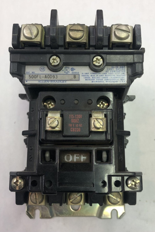 ALLEN BRADLEY 500FL-AOD93 NEMA AC CONTACTOR,NON-MOTOR LOADS,FEED-THROUGH,20A ALLEN BRADLEY 500FL-AOD93 NEMA AC CONTACTOR,NON-MOTOR LOADS,FEED-THROUGH,20A