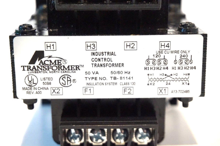 ACME ELECTRIC TB-81141 INDUSTRIAL CONTROL TRANSFORMERS , ( 24 VOLT ONLY UNITS WHILE SUPPLIES LAST) , SINGLE PHASE, 50/60 HZ , 120 X 240 PRIMARY VOLTS , 24 SECONDARY VOLTS