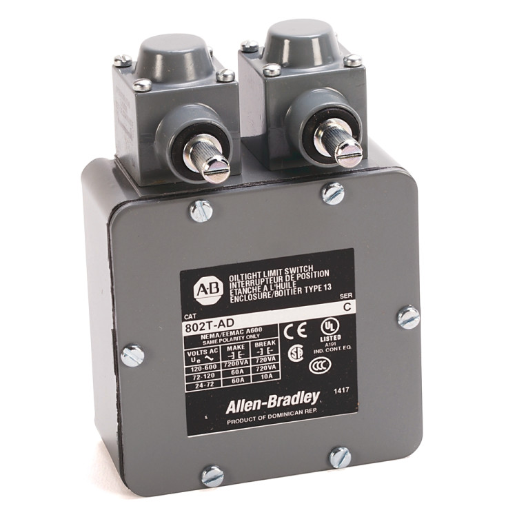 ALLEN BRADLEY 802T-HD LIMIT SWITCH, NON PLUG-IN OILTIGHT CONSTRUCTION DUAL SWITCH, LEFT HAND SWITCH: LEVER TYPE, SPRING RETURN, HIGH OPERATING TORQUE, CW AND CCW OPERATION,