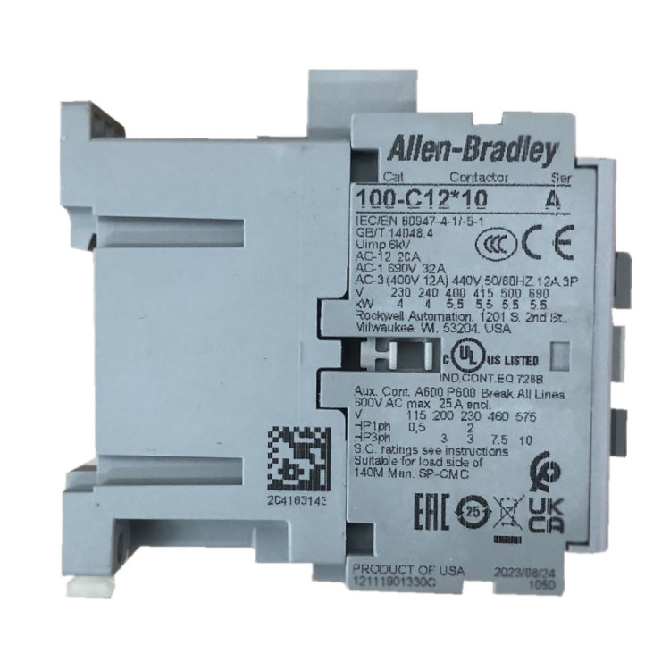 ALLEN BRADLEY 100-C12KJ10 CONTACTOR, SCREW TERMINALS, 5.5KW/400V, COIL 2 TERMINALS, COIL TERMINALS AT LINE SIDE, CONTROL VOLTAGE 24V 50/60HZ, 1 N.O. AUXILIARY CONTACT, SINGEL PACK